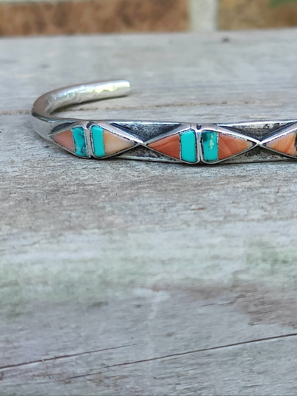 Zuni Tribe Sterling Silver Coral And Turquoise Petit Cuff Bracelet - Picture 2 of 7